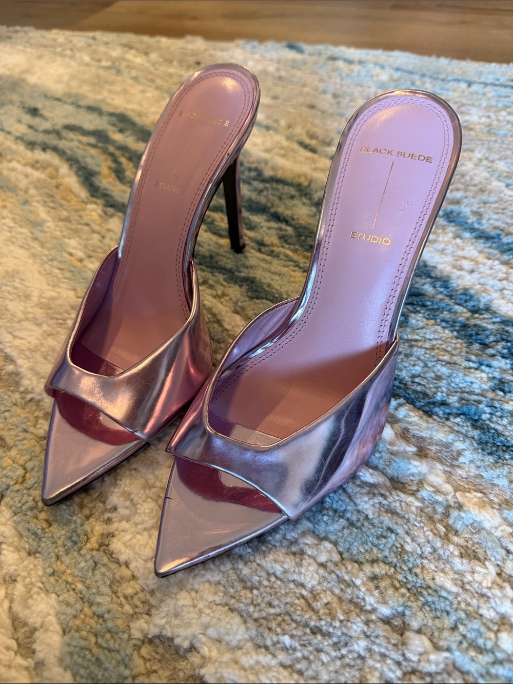 Black Suede studio- Metallic Lavender Pointed-Toe Stiletto Mules - Women